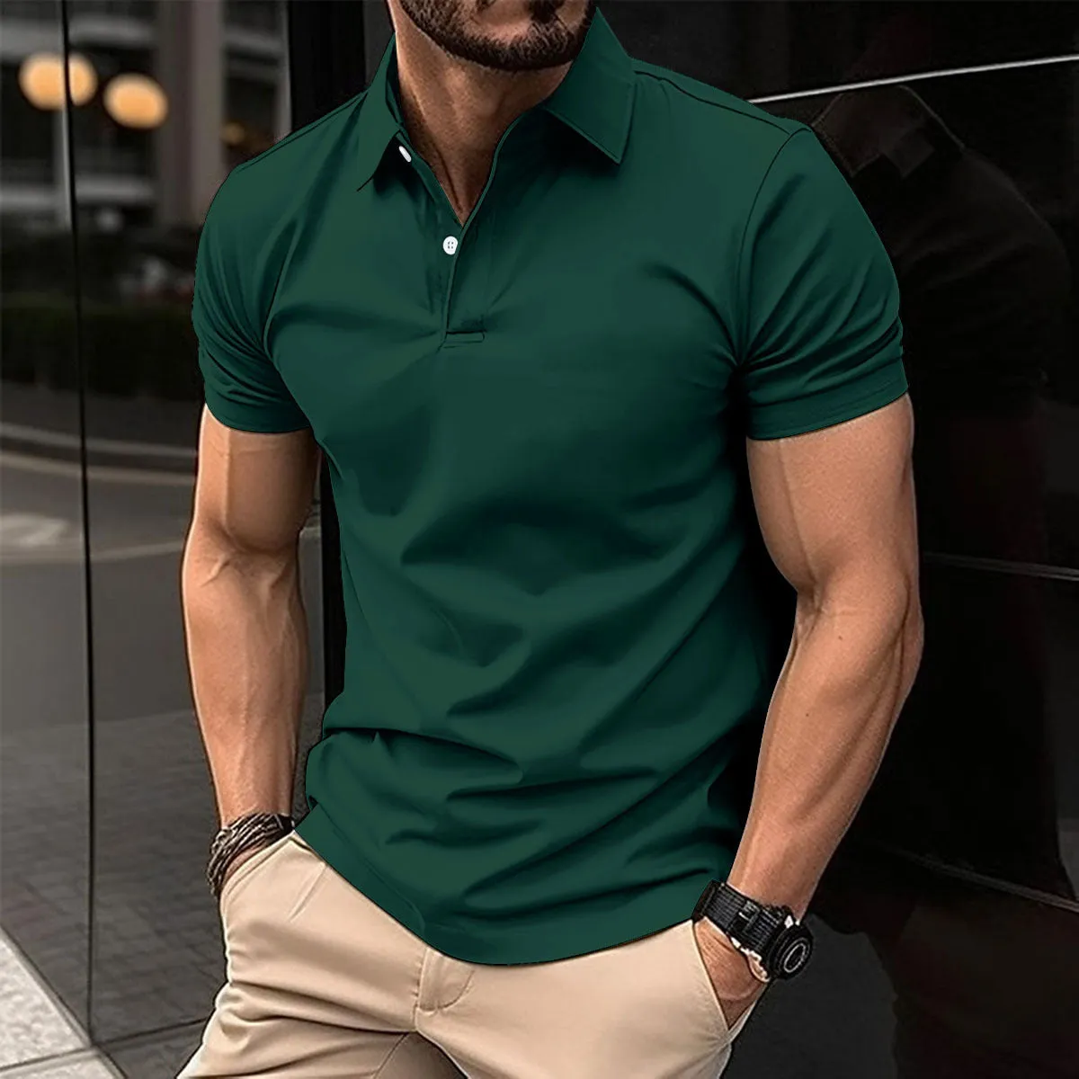 Men's solid colour cotton blend polo shirt with button lapel collar and short sleeves