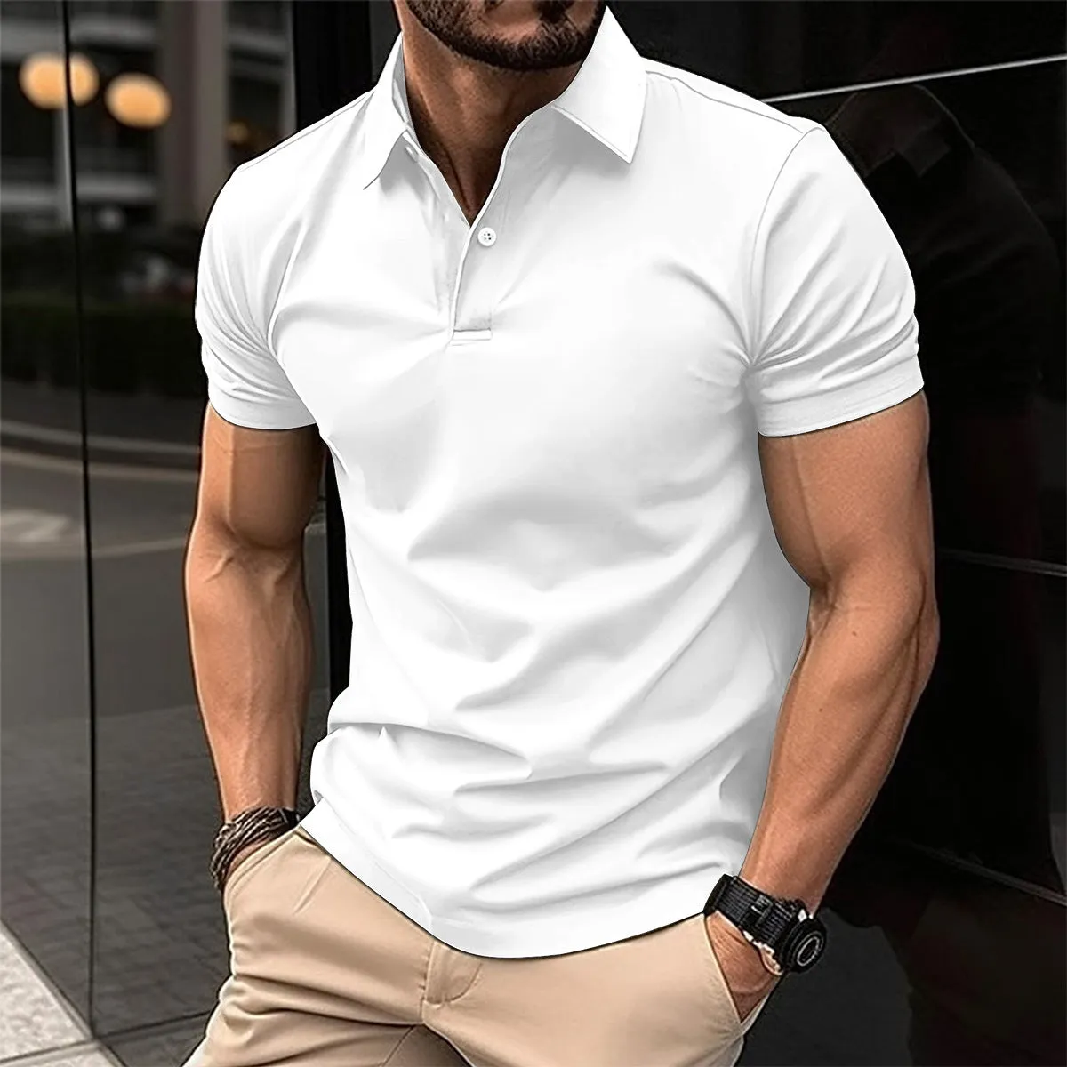 Men's solid colour cotton blend polo shirt with button lapel collar and short sleeves