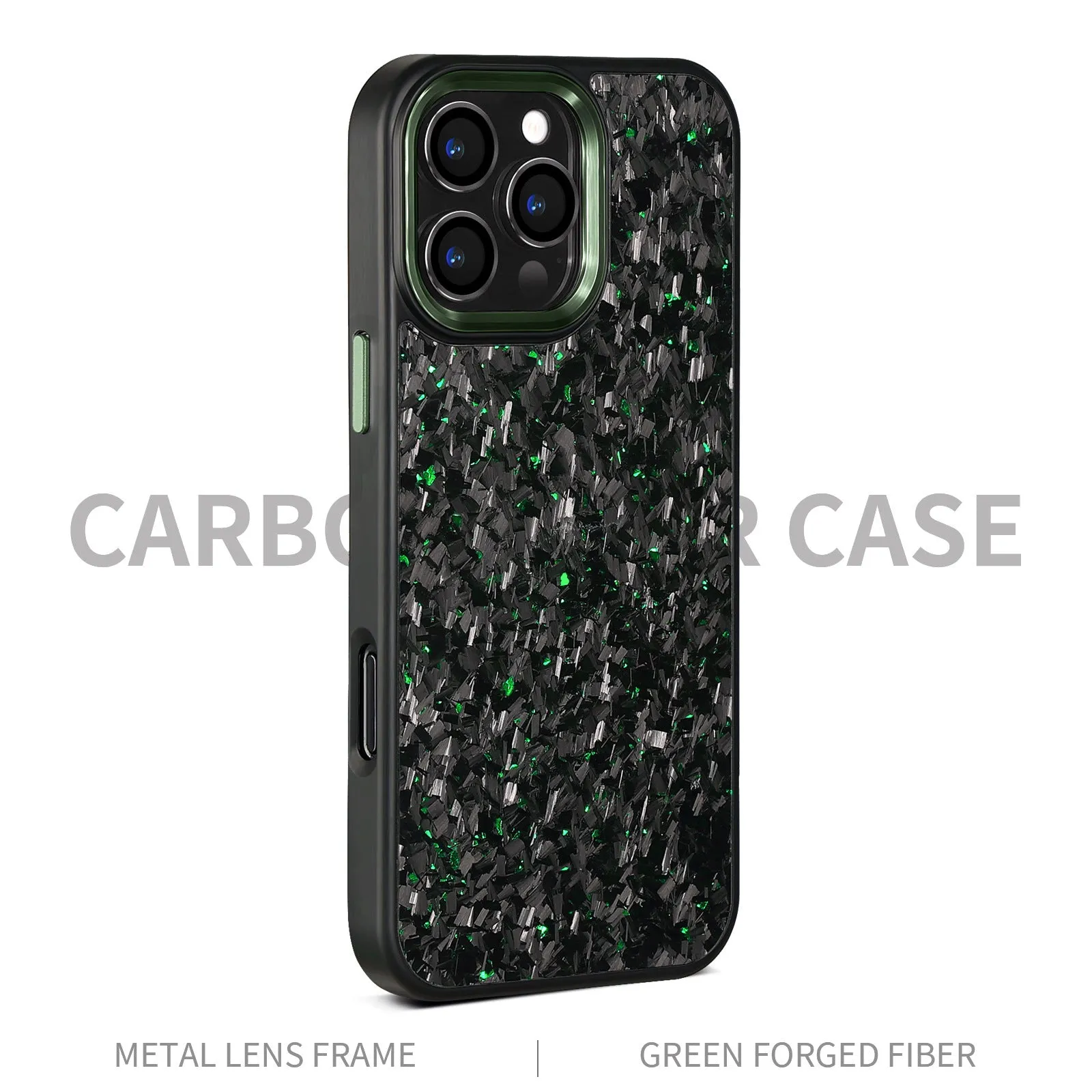 Green frame carbon fibre phone shell with metal back and magnetic feature for iPhone 17 series