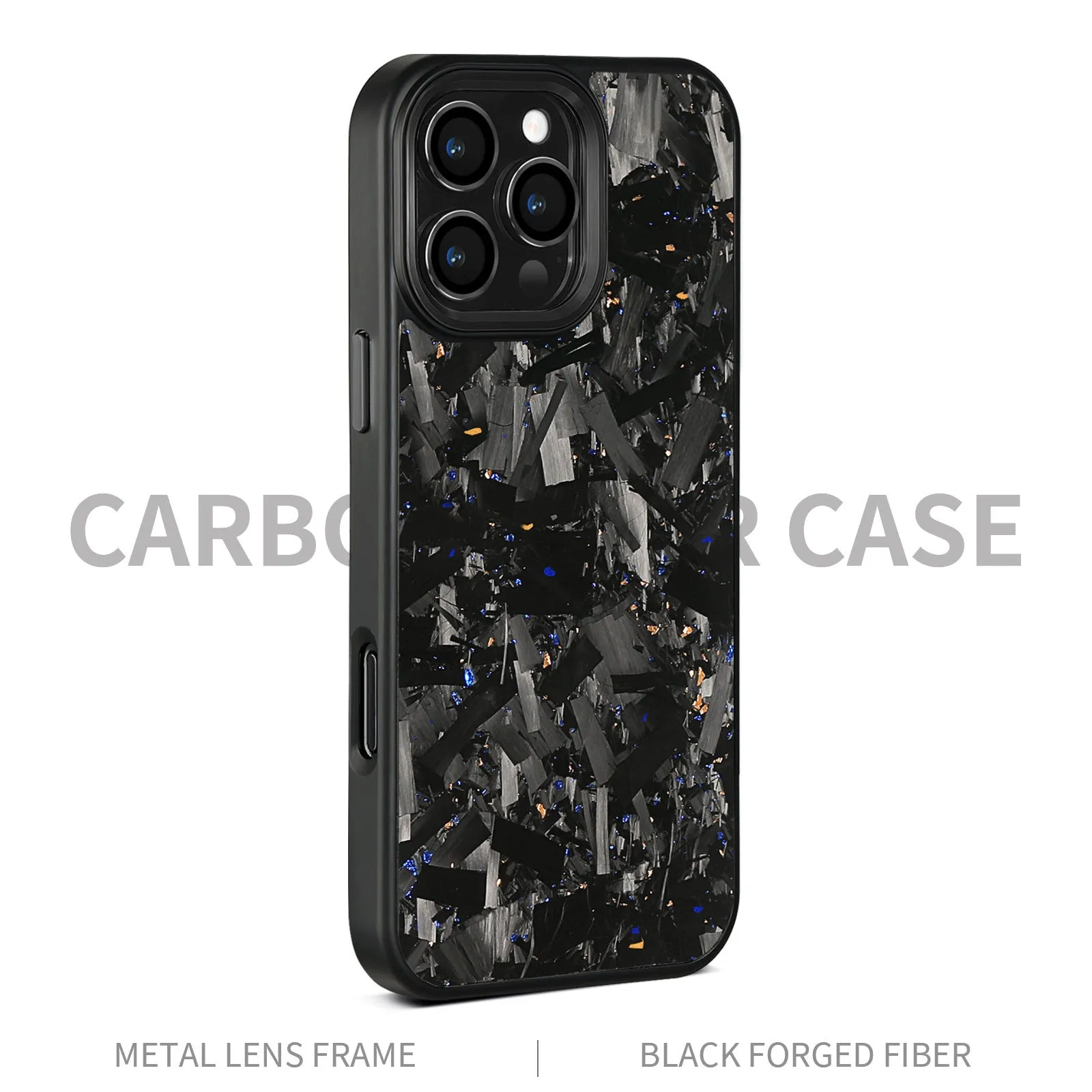 Carbon fibre forged pattern phone case for iPhone with metal frame, black frame blue gold colour, all-inclusive protective shell