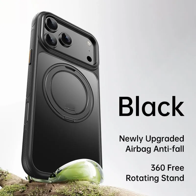 Black PU froster bracket phone case for iPhone 17 with damping sound drop protection