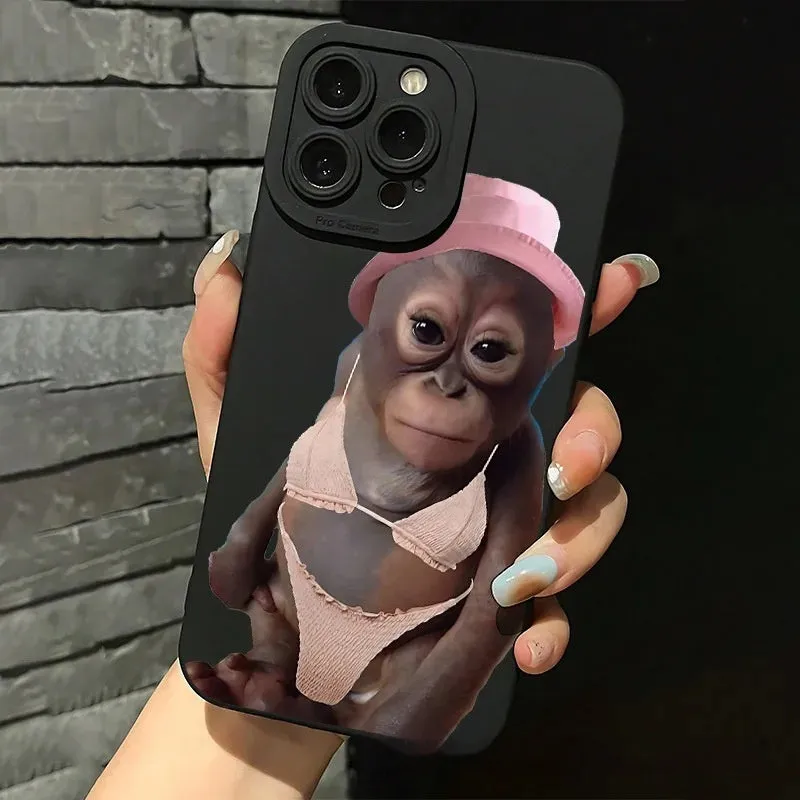 Black TPU phone case with trendy monkey print for Apple 15 Pro, shockproof and anti-fall design