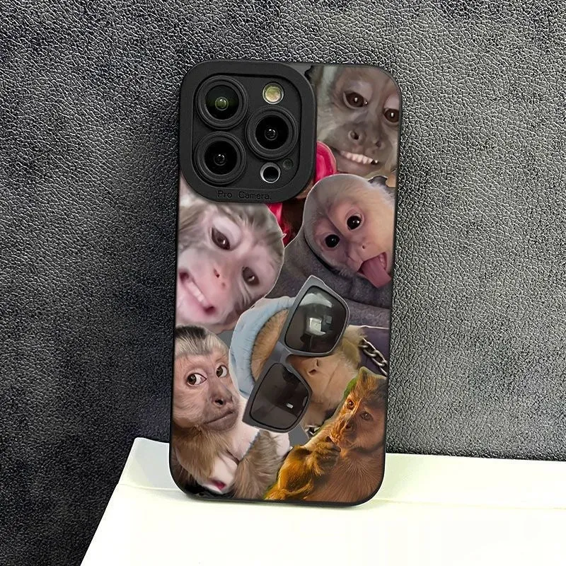 Black TPU phone case with trendy monkey print for Apple 15 Pro, shockproof and anti-fall design