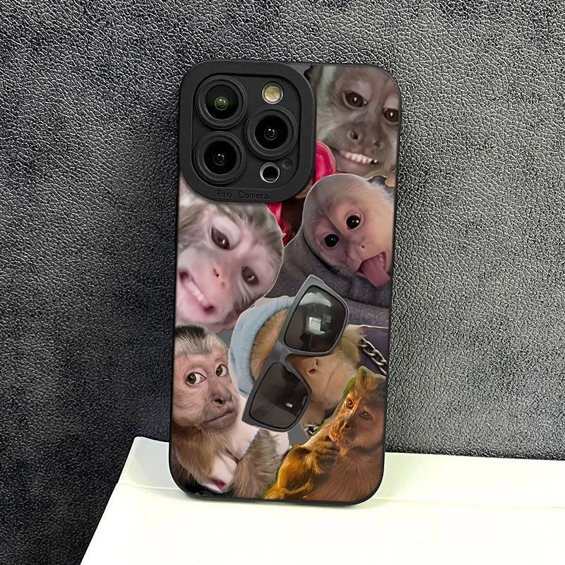 Black TPU phone case with trendy monkey print for Apple 15 Pro, shockproof and anti-fall design