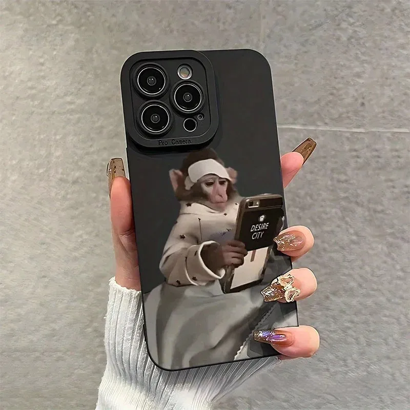 Black TPU phone case with trendy monkey print for Apple 15 Pro, shockproof and anti-fall design