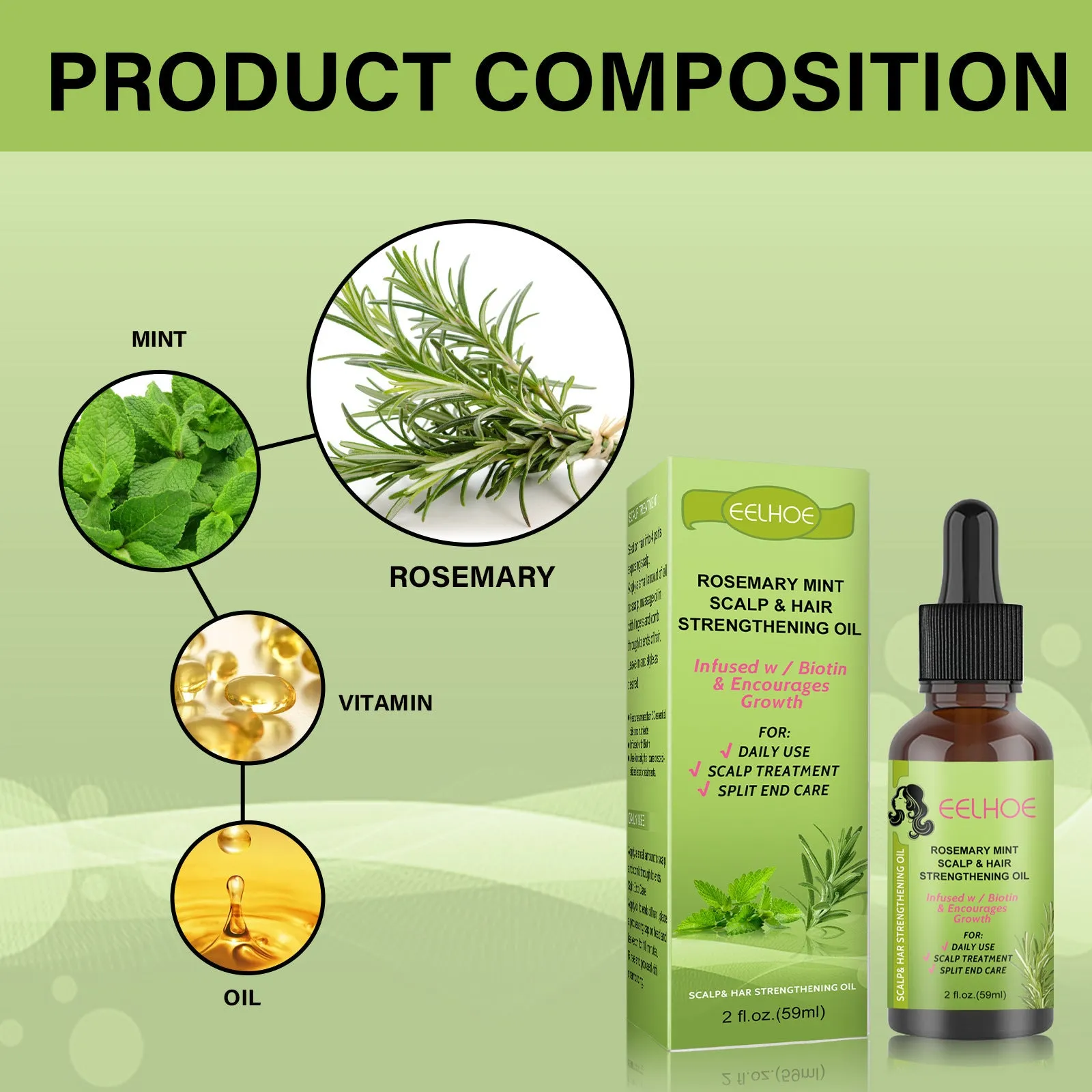 59ml bottle of Rosemary Mint Hair Growth Fluid for scalp nourishment