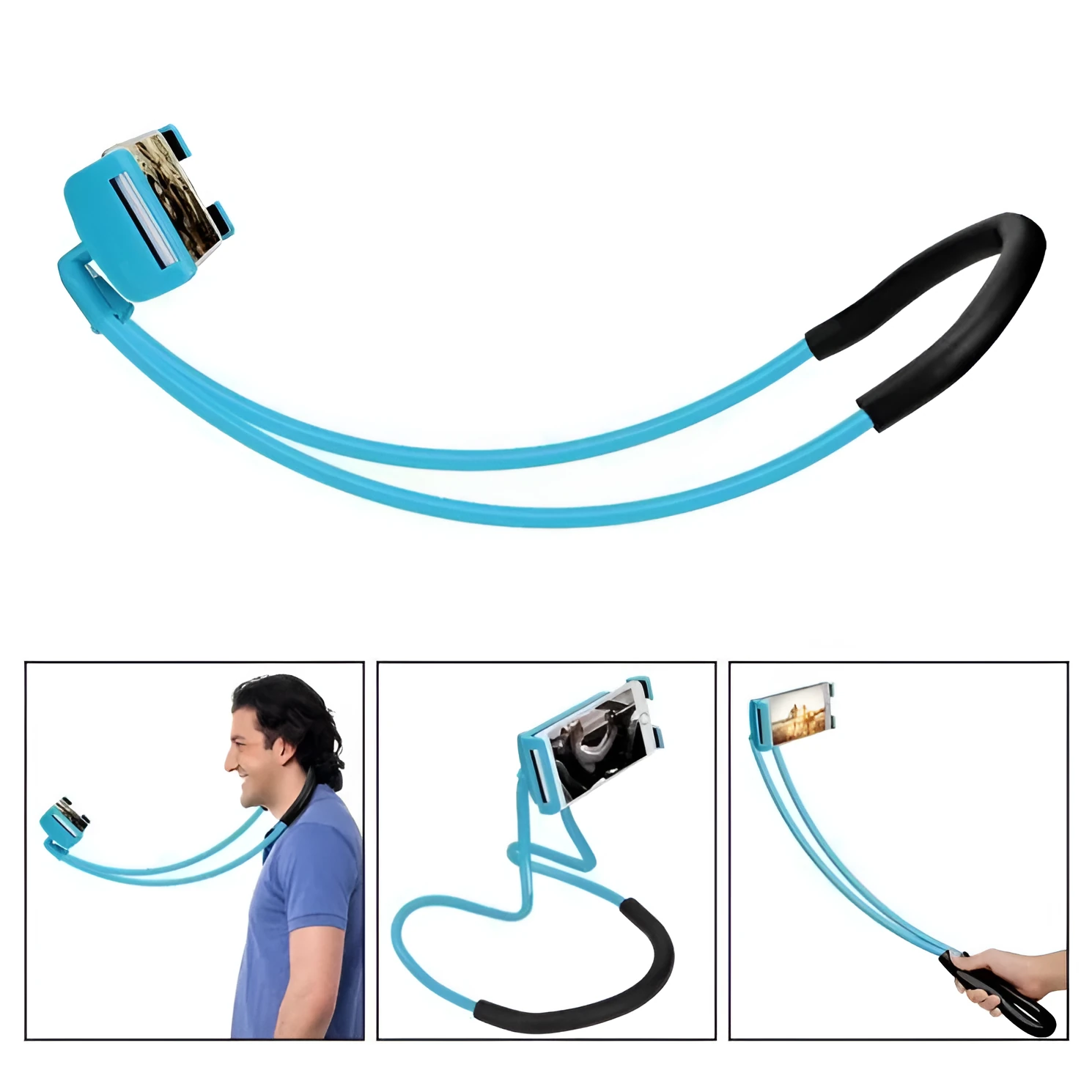 White universal phone holder with 360-degree rotation mechanism holding a smartphone