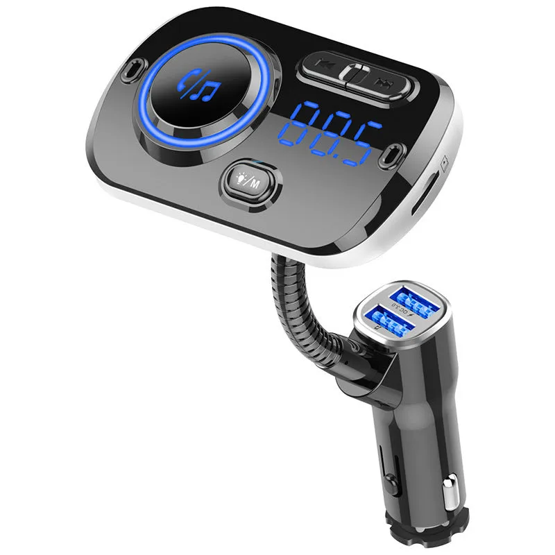 BC49AQ car MP3 Bluetooth 5.0 player with black casing, LED display, and QC3.0 port in a car dashboard socket