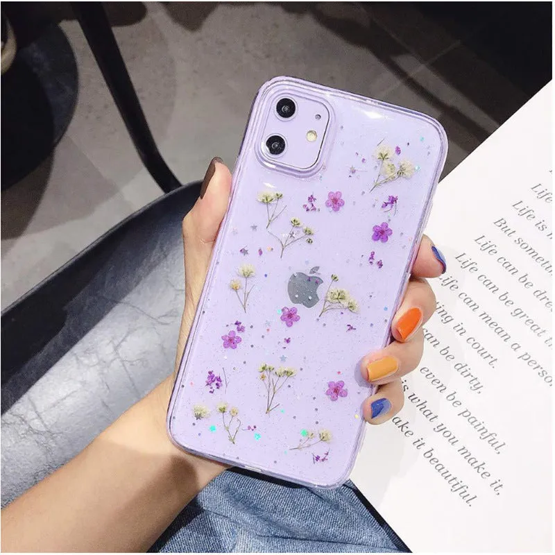 Epoxy glitter dried flower real flower small floral phone case for iPhone in blue with clear flexible TPU back cover