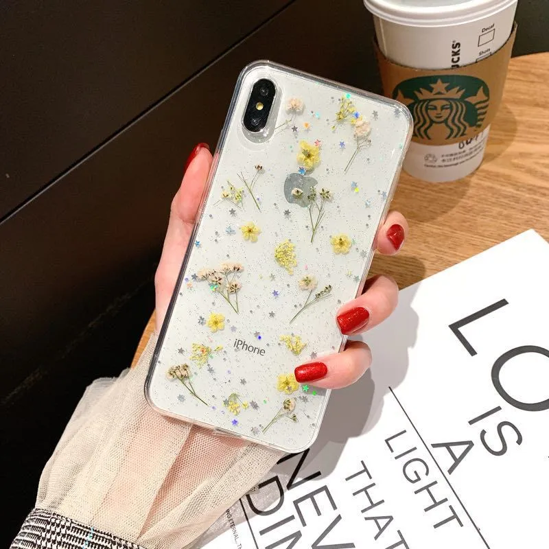 Epoxy glitter dried flower real flower small floral phone case for iPhone in blue with clear flexible TPU back cover