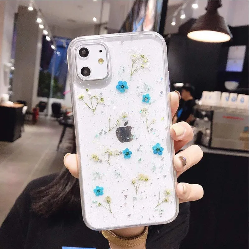 Epoxy glitter dried flower real flower small floral phone case for iPhone in blue with clear flexible TPU back cover