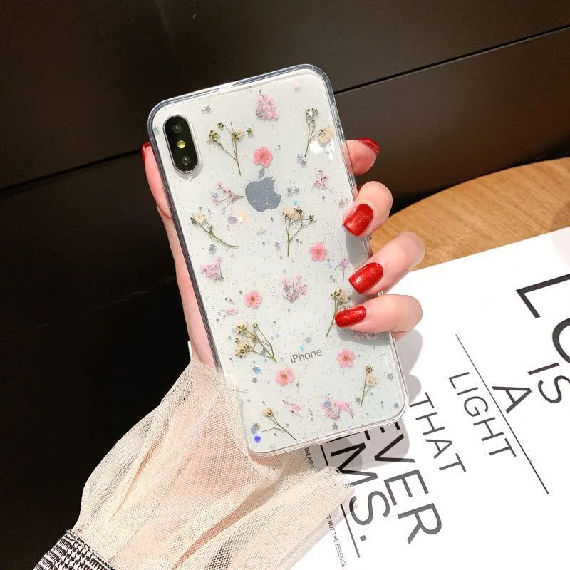Epoxy glitter dried flower real flower small floral phone case for iPhone in blue with clear flexible TPU back cover
