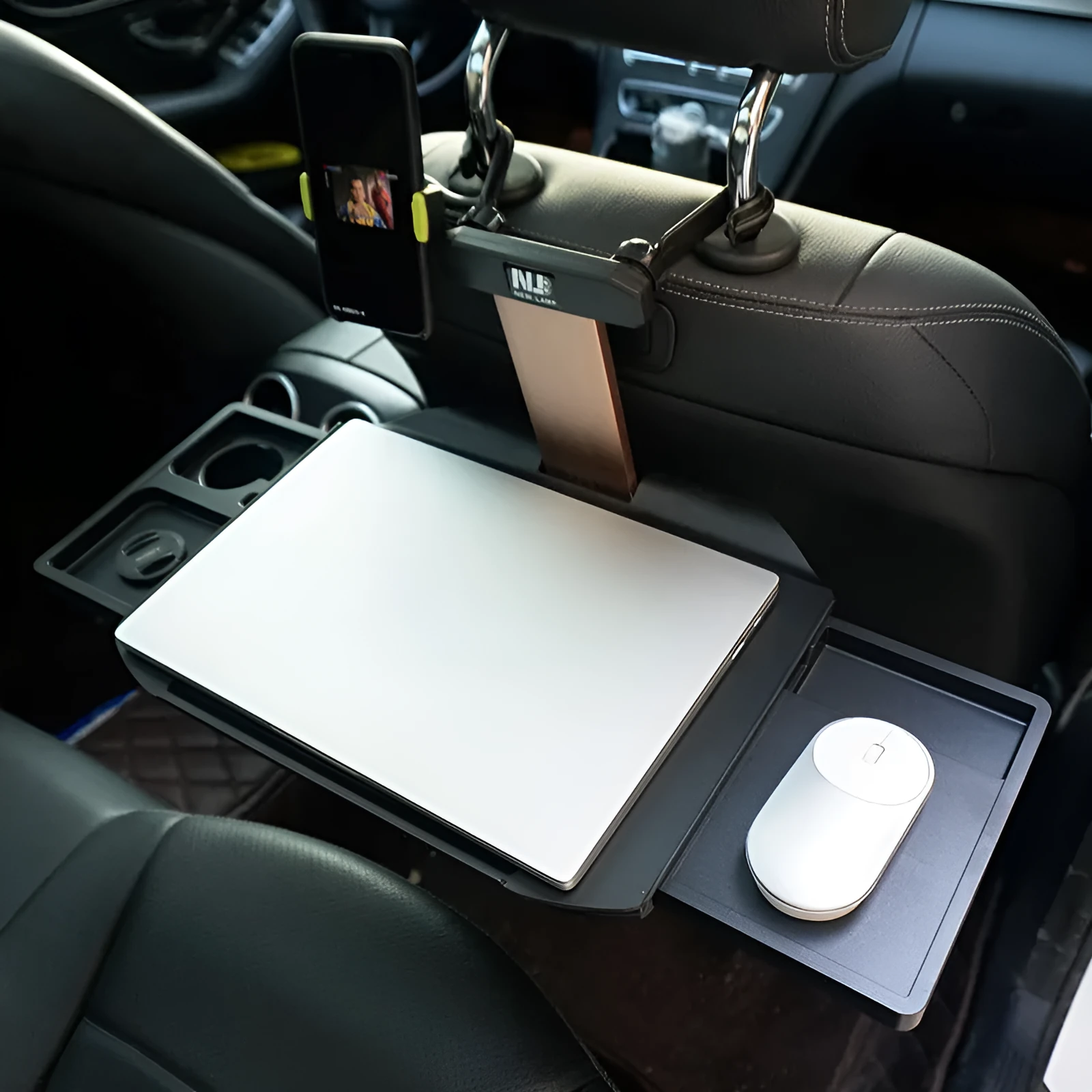 Folding car rear seat dining table laptop stand in black ABS with phone holder slot