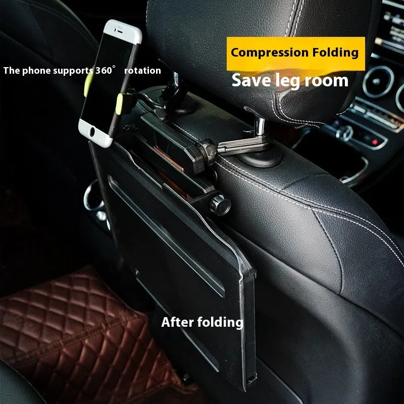 Folding car rear seat dining table laptop stand in black ABS with phone holder slot