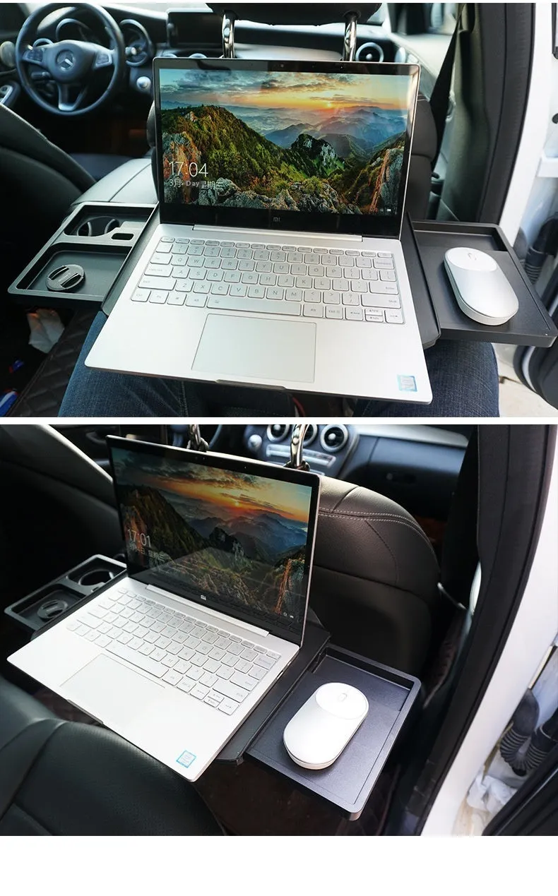 Folding car rear seat dining table laptop stand in black ABS with phone holder slot