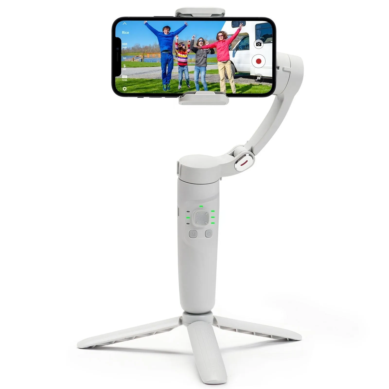 M01 handheld tripod phone stabiliser with three-axis gimbal and ABS body on surface