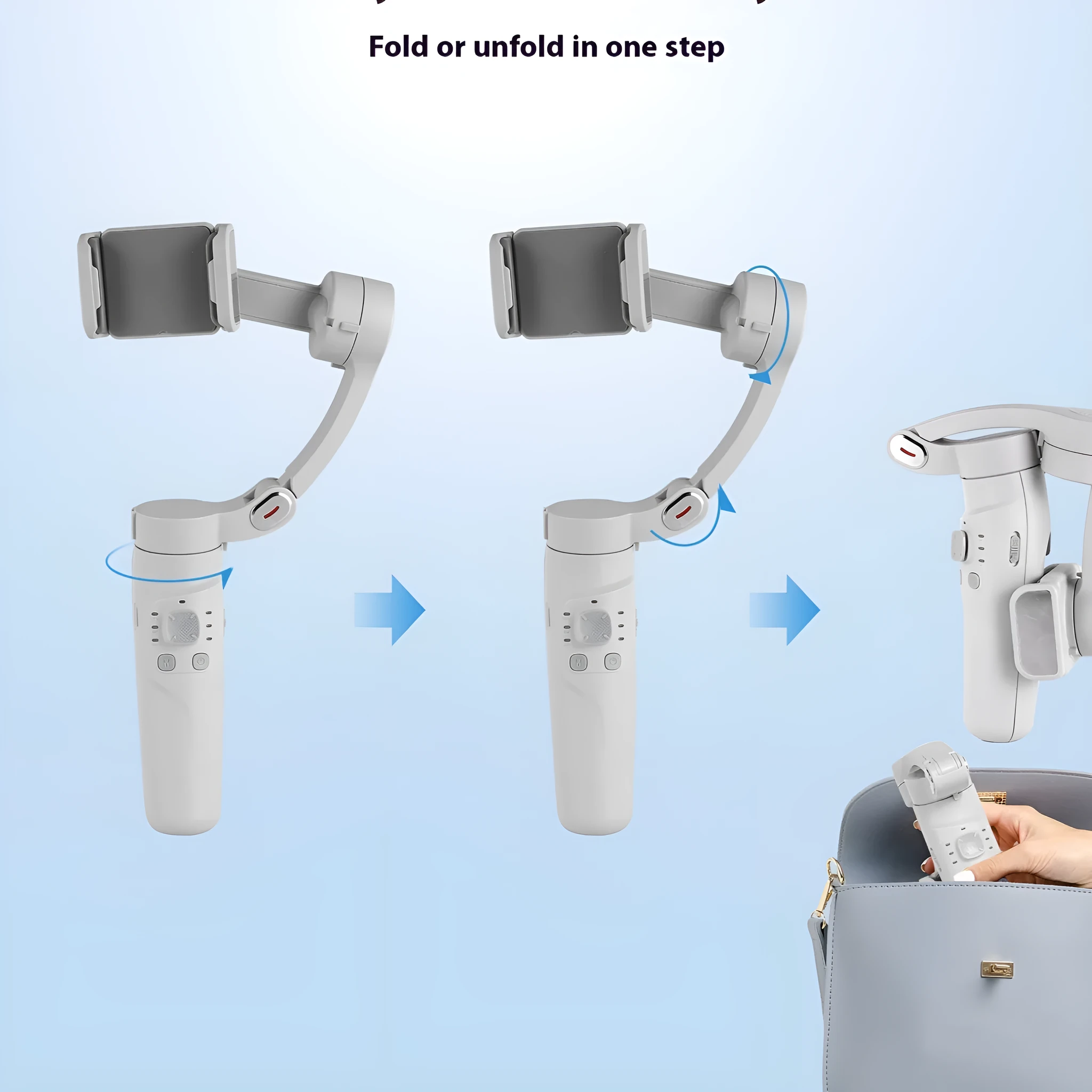 M01 handheld tripod phone stabiliser with three-axis gimbal and ABS body on surface