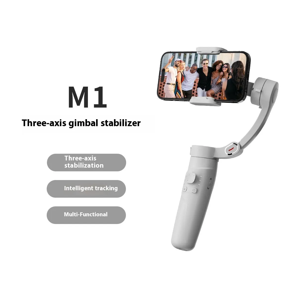 M01 handheld tripod phone stabiliser with three-axis gimbal and ABS body on surface
