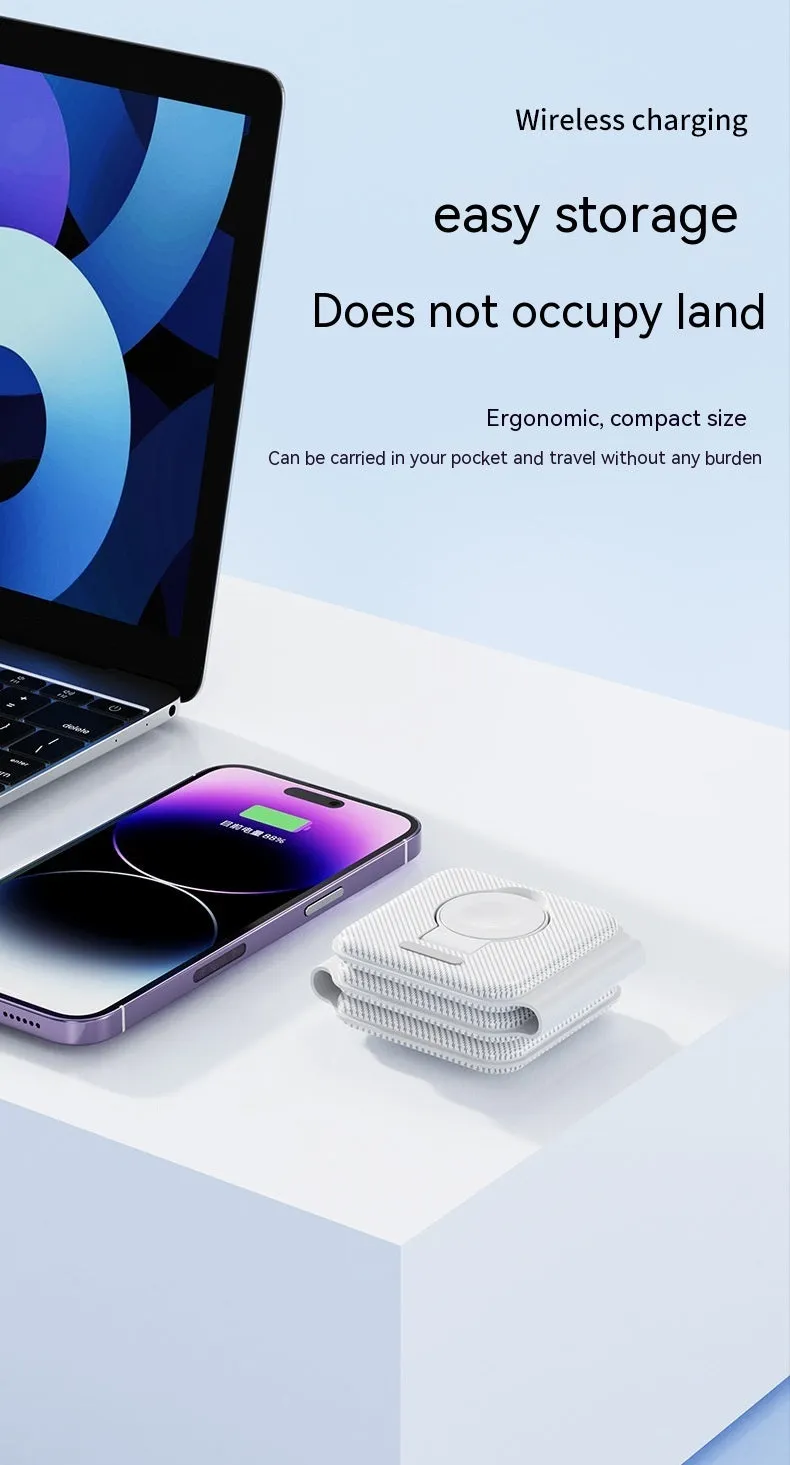 A75 Three-in-one Wireless Charger in white, charging a smartphone, earbuds, and smartwatch on a desk
