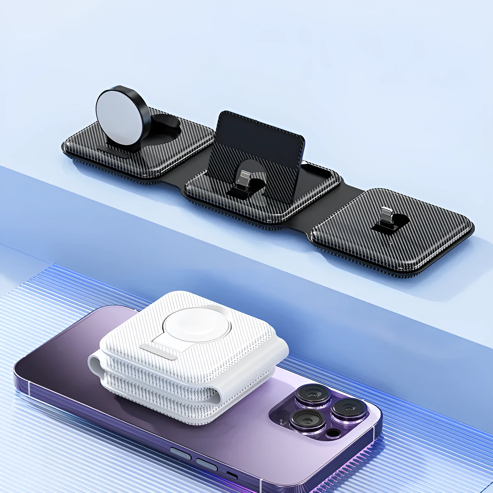 A75 Three-in-one Wireless Charger in white, charging a smartphone, earbuds, and smartwatch on a desk