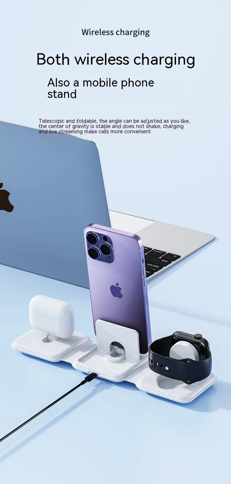 A75 Three-in-one Wireless Charger in white, charging a smartphone, earbuds, and smartwatch on a desk