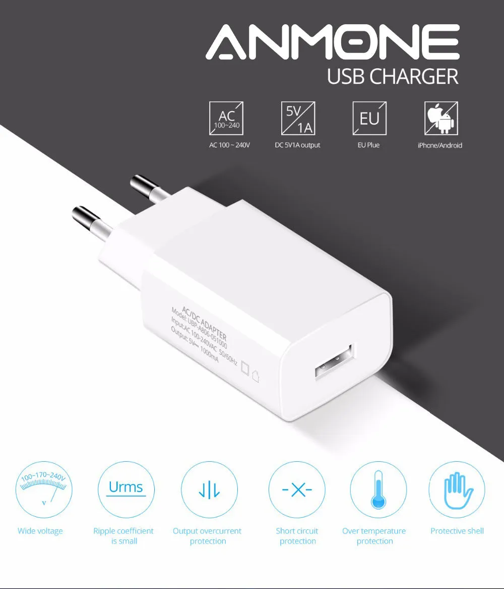 White household 5V 1000mA European standard USB charger with direct charge output