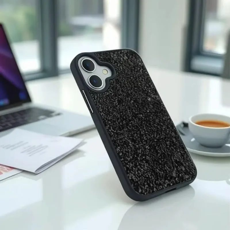 Skin Feeling Carbink phone case for iPhone 14 Pro with large hole cutouts and handmade rhinestone decorations in white, black, and pink colours
