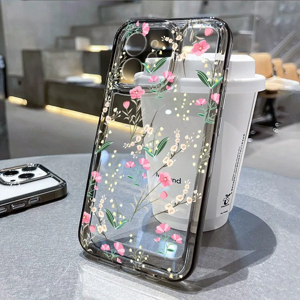 Small floral silicone phone case for iPhone 11-16 series, transparent, with shockproof and anti-fingerprint TPU material