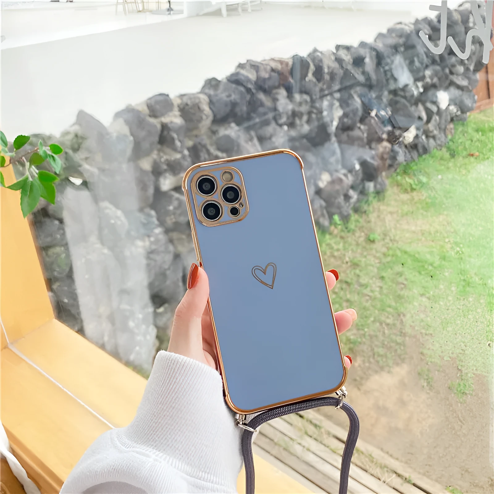 Hollow Love crossbody lanyard phone case for Apple iPhone with electroplating stripe and geometry design, TPU back cover, multiple colours