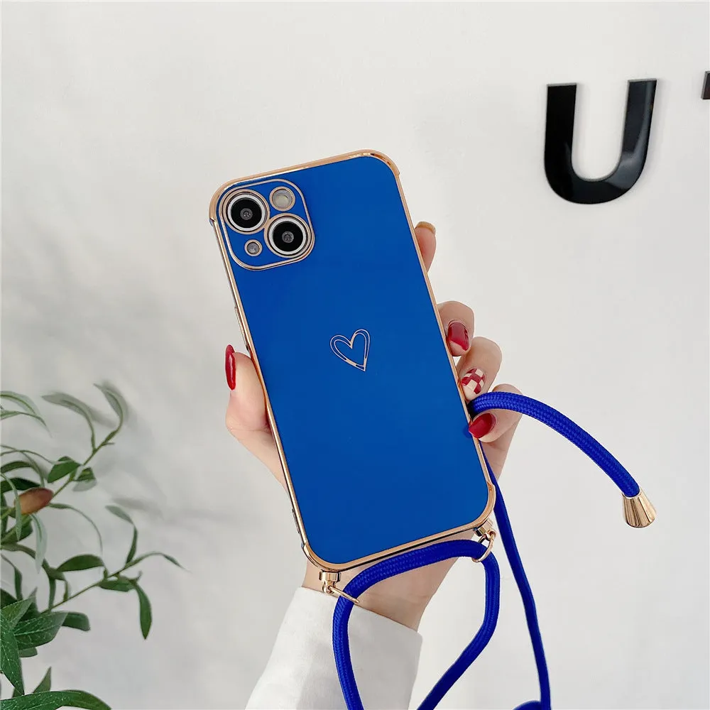 Hollow Love crossbody lanyard phone case for Apple iPhone with electroplating stripe and geometry design, TPU back cover, multiple colours