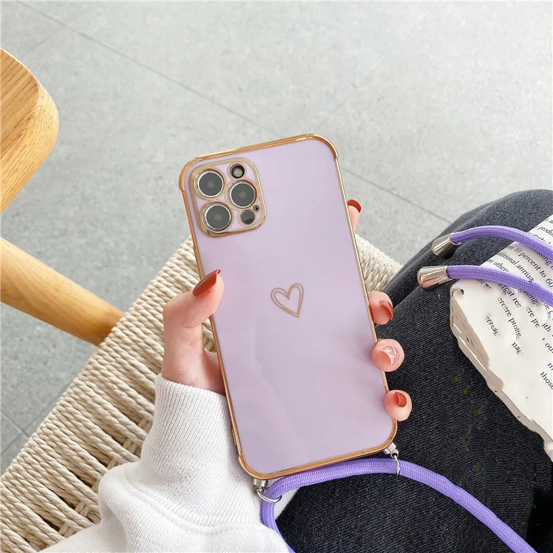 Hollow Love crossbody lanyard phone case for Apple iPhone with electroplating stripe and geometry design, TPU back cover, multiple colours