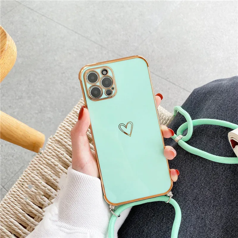 Hollow Love crossbody lanyard phone case for Apple iPhone with electroplating stripe and geometry design, TPU back cover, multiple colours