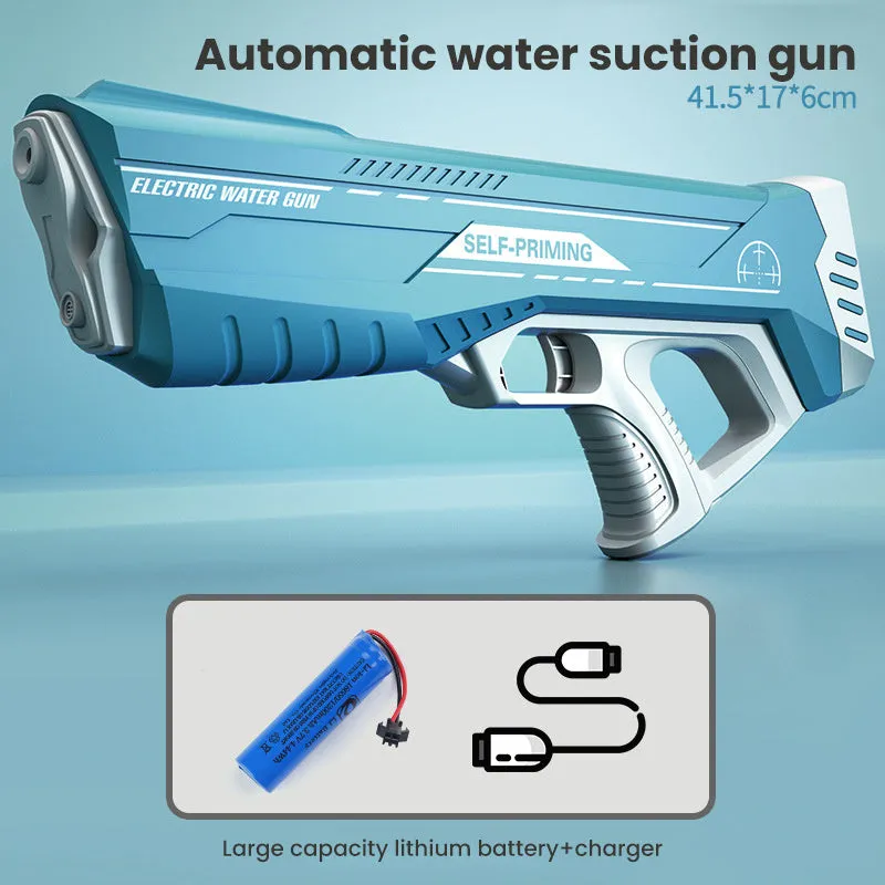 Blue electric water gun toy with USB charging cable on a sandy beach
