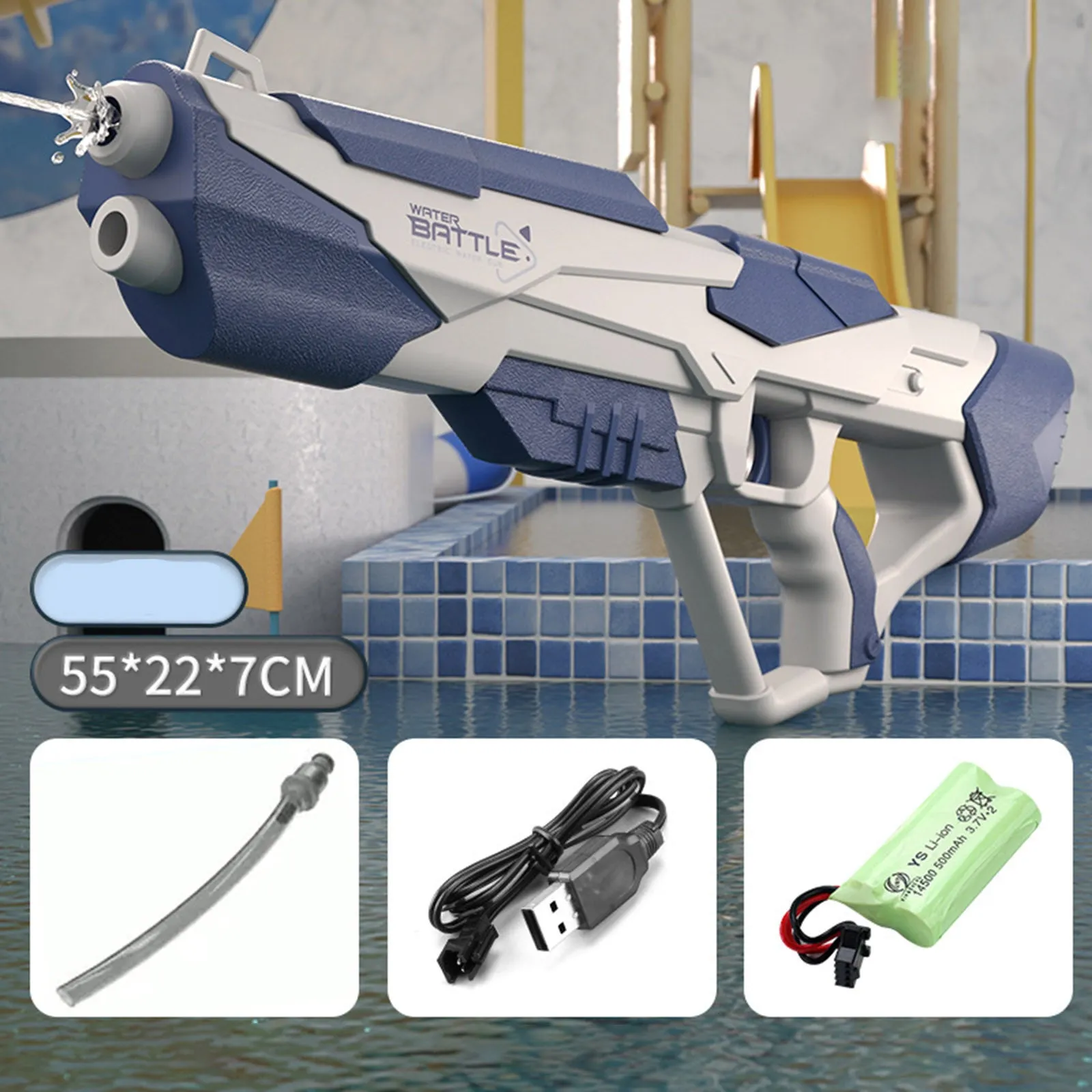 Blue electric water gun toy with USB charging cable on a sandy beach