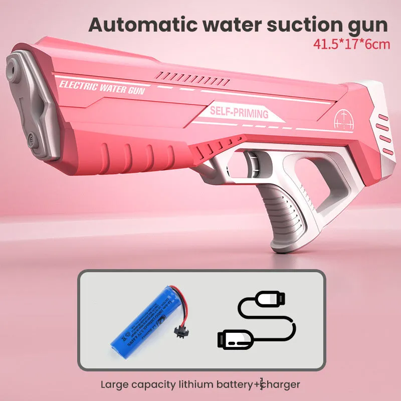 Blue electric water gun toy with USB charging cable on a sandy beach