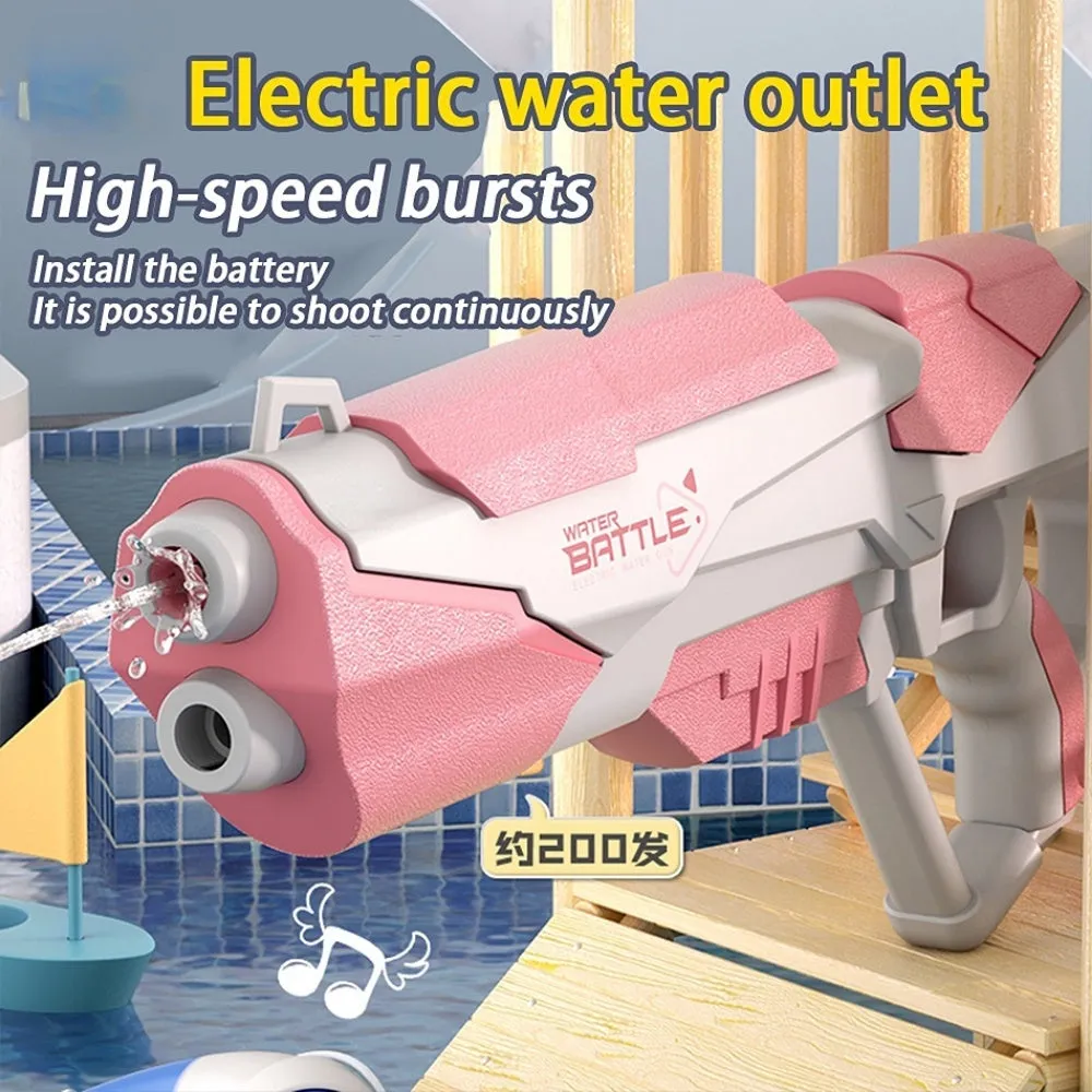 Blue electric water gun toy with USB charging cable on a sandy beach