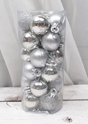Assortment of shiny and matte 3cm plastic Christmas ball ornaments in ten different colours.