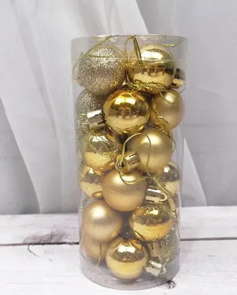 Assortment of shiny and matte 3cm plastic Christmas ball ornaments in ten different colours.