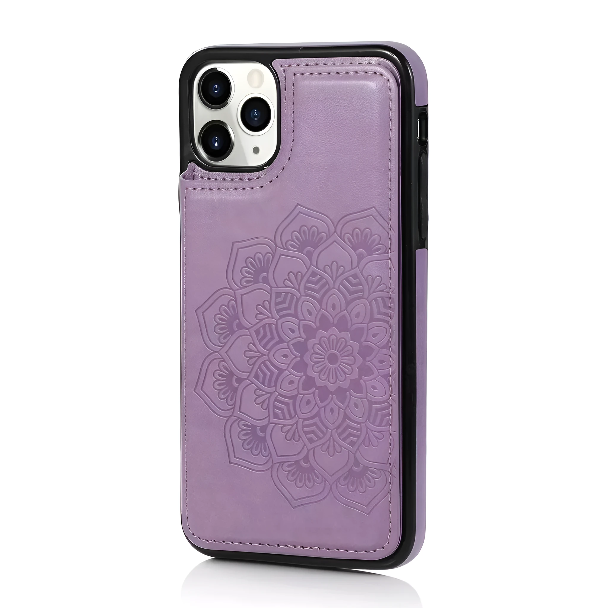 Grey imitation leather iPhone phone case with coin purse and flip card wallet, front view