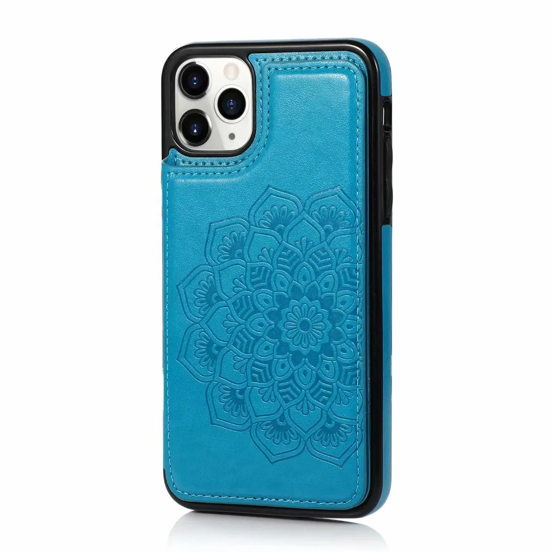 Grey imitation leather iPhone phone case with coin purse and flip card wallet, front view