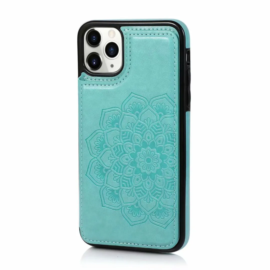 Grey imitation leather iPhone phone case with coin purse and flip card wallet, front view