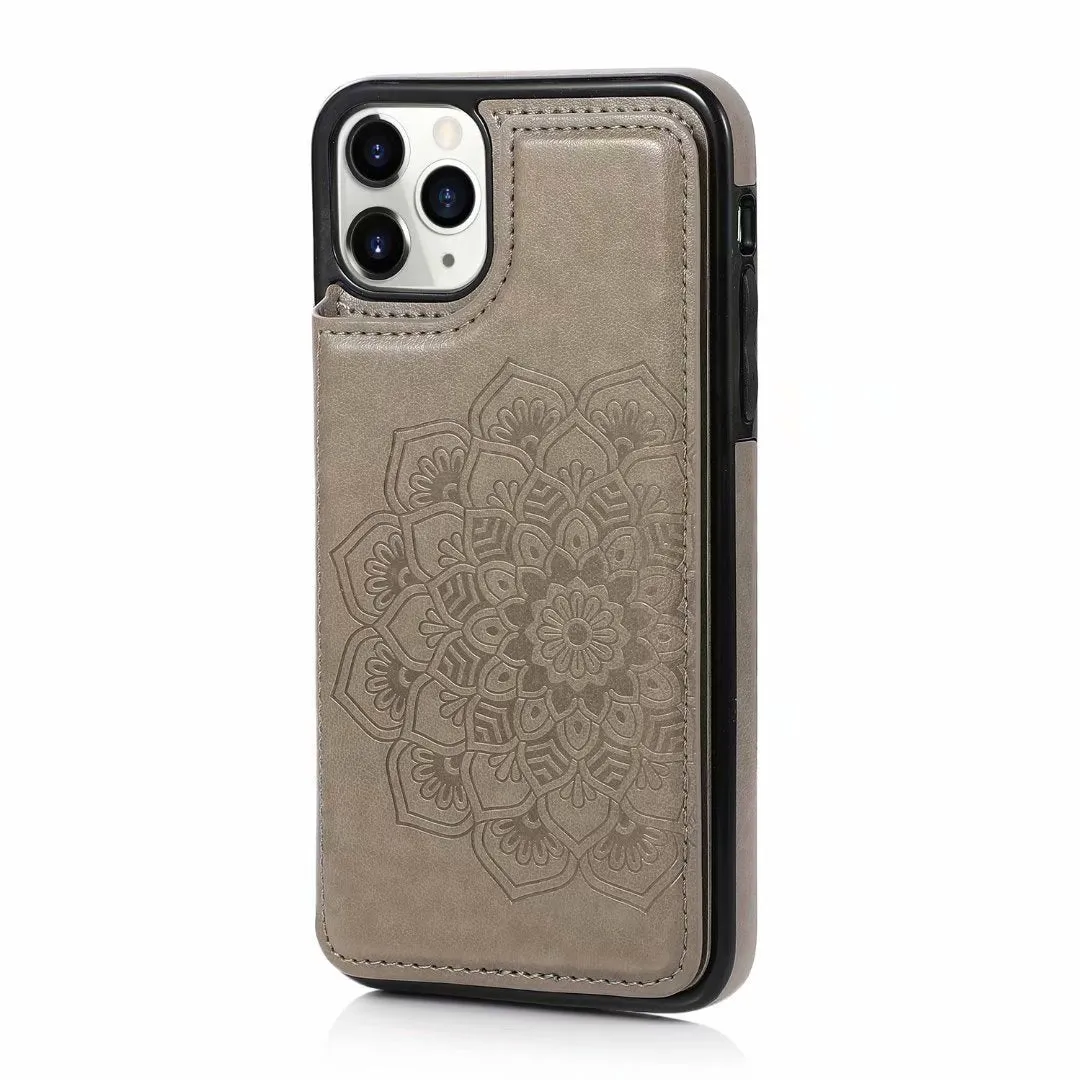 Grey imitation leather iPhone phone case with coin purse and flip card wallet, front view