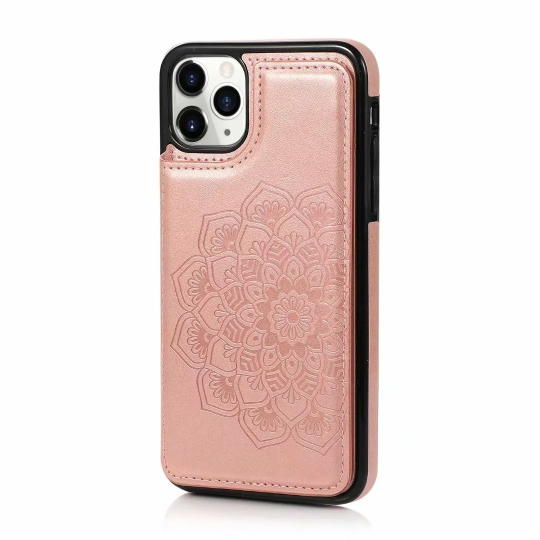 Grey imitation leather iPhone phone case with coin purse and flip card wallet, front view