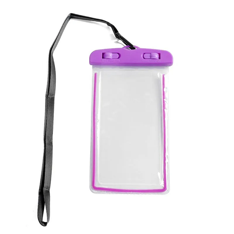 Luminous transparent mobile phone waterproof bag in blue for swimming and beach use