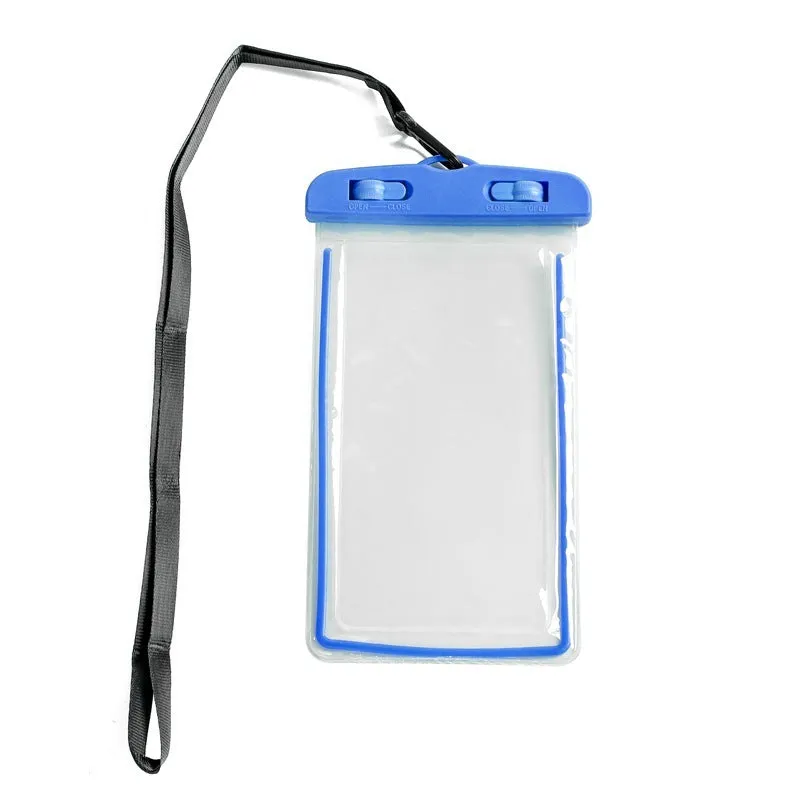 Luminous transparent mobile phone waterproof bag in blue for swimming and beach use