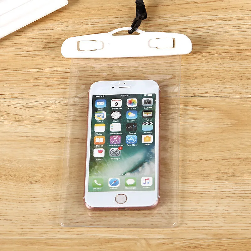 Luminous transparent mobile phone waterproof bag in blue for swimming and beach use