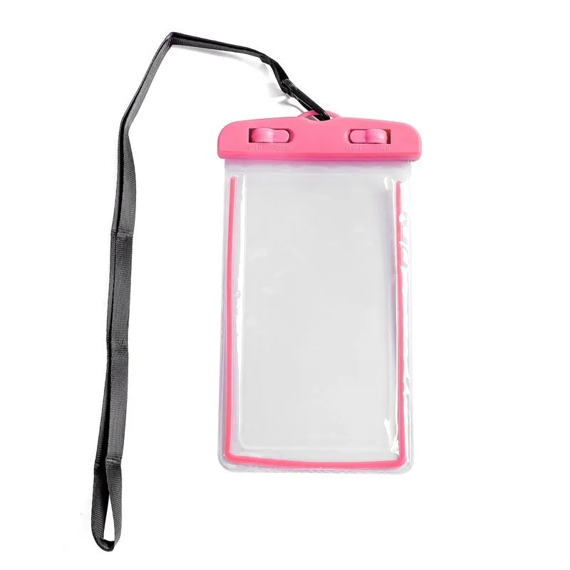 Luminous transparent mobile phone waterproof bag in blue for swimming and beach use