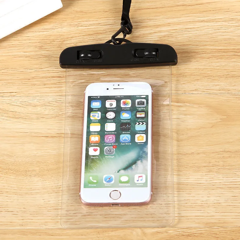 Luminous transparent mobile phone waterproof bag in blue for swimming and beach use