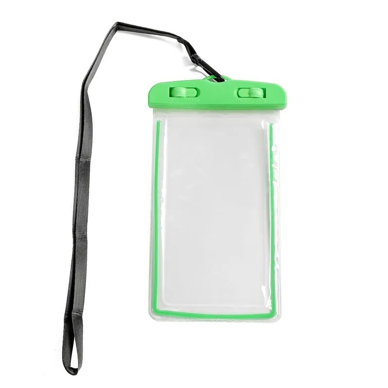 Luminous transparent mobile phone waterproof bag in blue for swimming and beach use