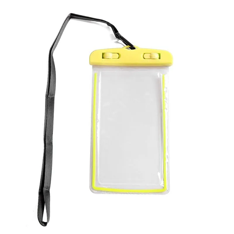 Luminous transparent mobile phone waterproof bag in blue for swimming and beach use